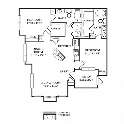 Floor plan for 2 beds, 2 baths, 1262 sqft